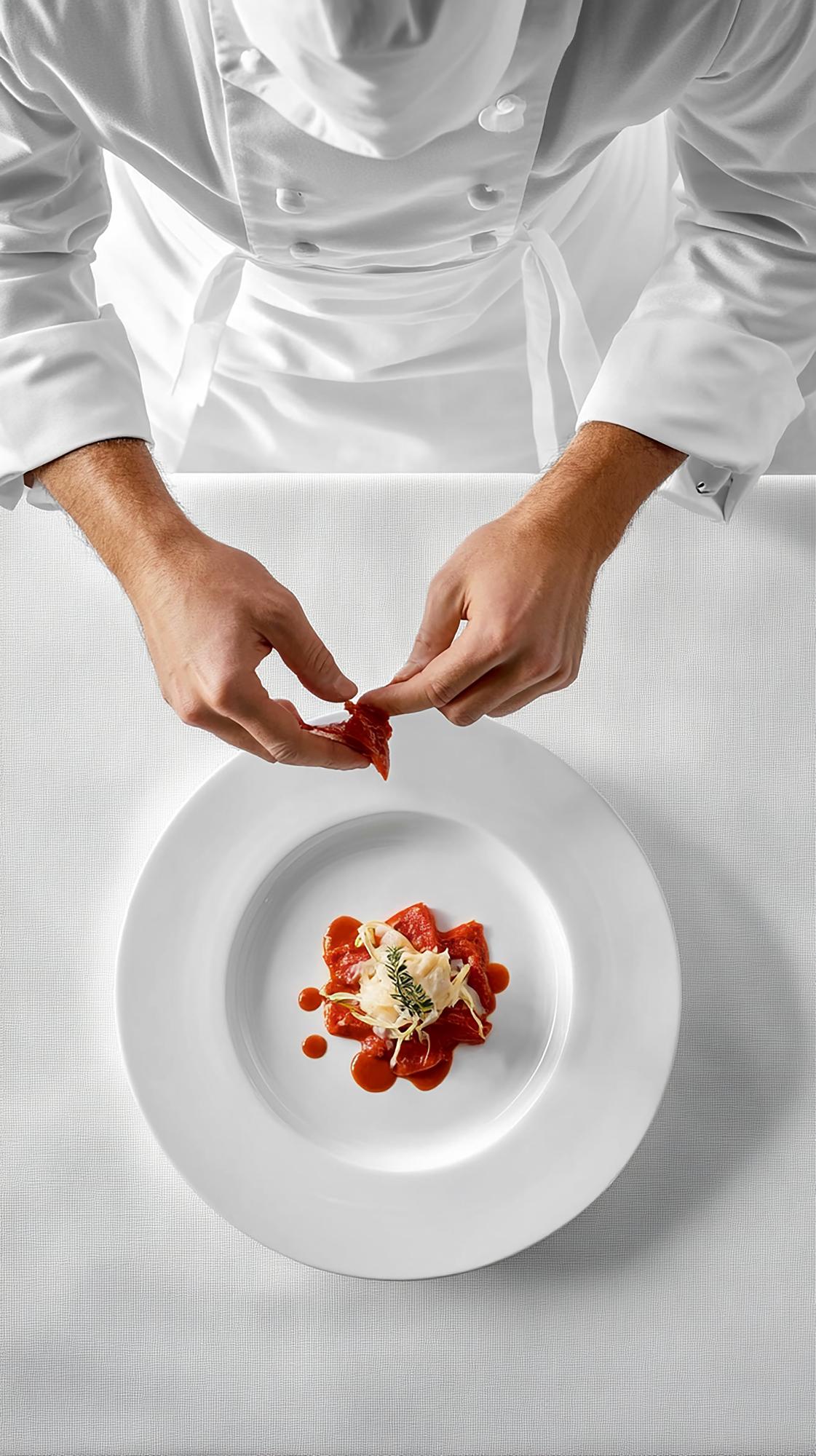 Chef arranging a plated dish on a white workbench